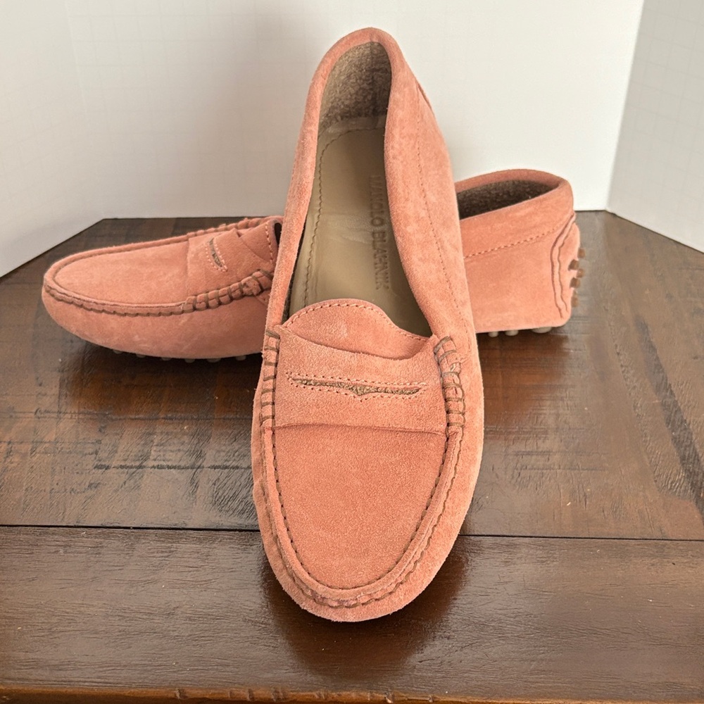 Manolo Blahnik Coral Suede Moccasins